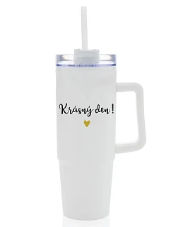 BEAUTIFUL DAY - biely cestovný termohrnček s priehľadným viečkom 900 ml