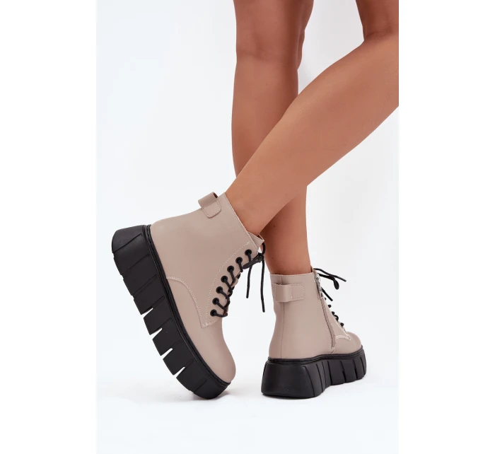 Skórzane Ocieplane Botki Damskie Na Platformie Vinceza 66803 Beżowe