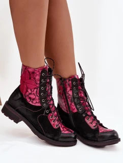 Dámske topánky z pravej kože na nízkom podpätku Maciejka - čierno-ružové
