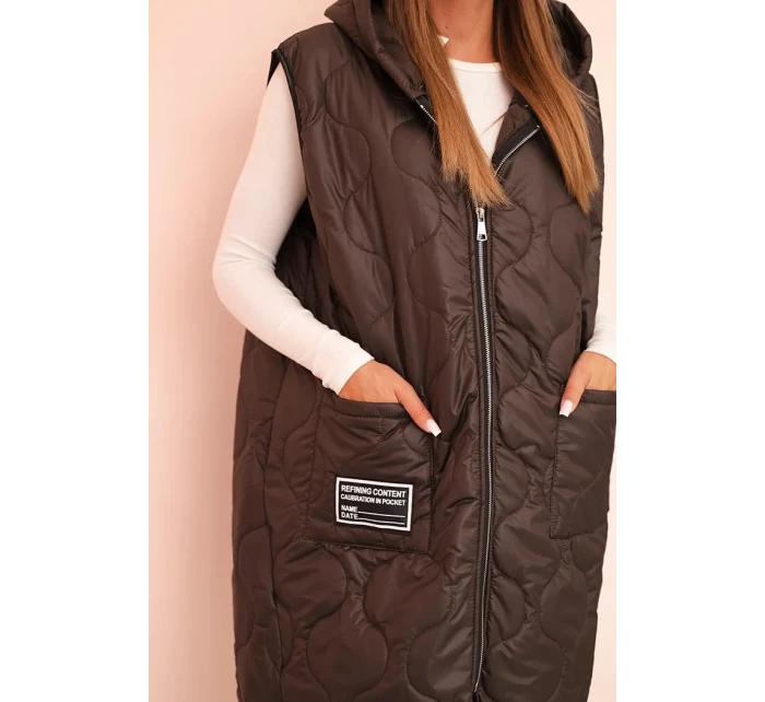 Dámská prošívaná vesta Plus Size s kapucí na zip mocca