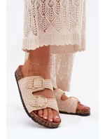 Szydełkowe Klapki Damskie Ze Złotymi Klamrami Beżowe Fenira Szydełkowe Klapki Damskie Ze Złotymi Klamrami Beżowe Fenira