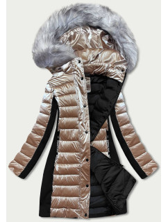 Béžová dámska zimná bunda z rôznych spojených materiálov (DK067-95)