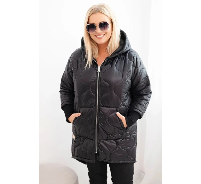 Dámske Plus veľkosť zimná bunda prešívané s kapucňou čierna