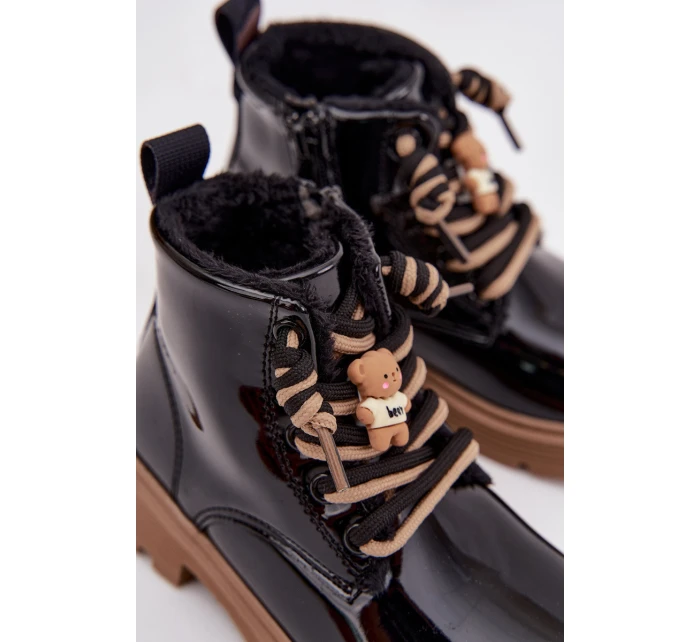 Ocieplane Botki Dziecięce Lakierowane Z Przypinką Miś Czarne Jovellea Ocieplane Botki Dziecięce Lakierowane Z Przypinką Miś Czarne Jovellea