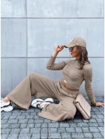 Dámsky komplet širokých nohavíc a crop topu ASTRAL ALLURE dark beige FashionStreet AY0905