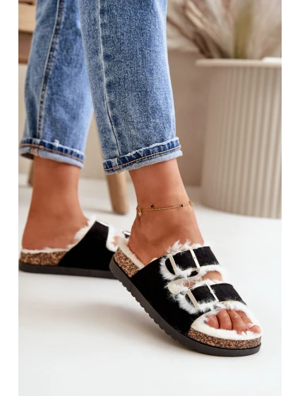 Dámské Pantofle S Přezkami A Kožíškem Černé model 21670217 - Boto