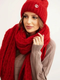 Dámska čiapka a šatka s pruhom a ozdobou červená