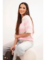 Dámský pruhovaný svetr s límečkem a krátkým rukávem béžový