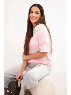 Dámský pruhovaný svetr s límečkem a krátkým rukávem béžový