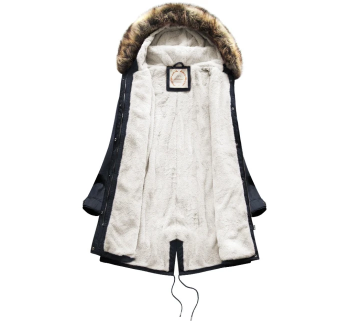 Tmavě modrá dámská zimní bunda parka s kožešinovou podšívkou a s kapucí model 21242018 - Libland