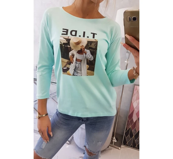 Halenka s potiskem model 18744210 v mátové barvě - K-Fashion Halenka s potiskem model 18744210 v mátové barvě - K-Fashion