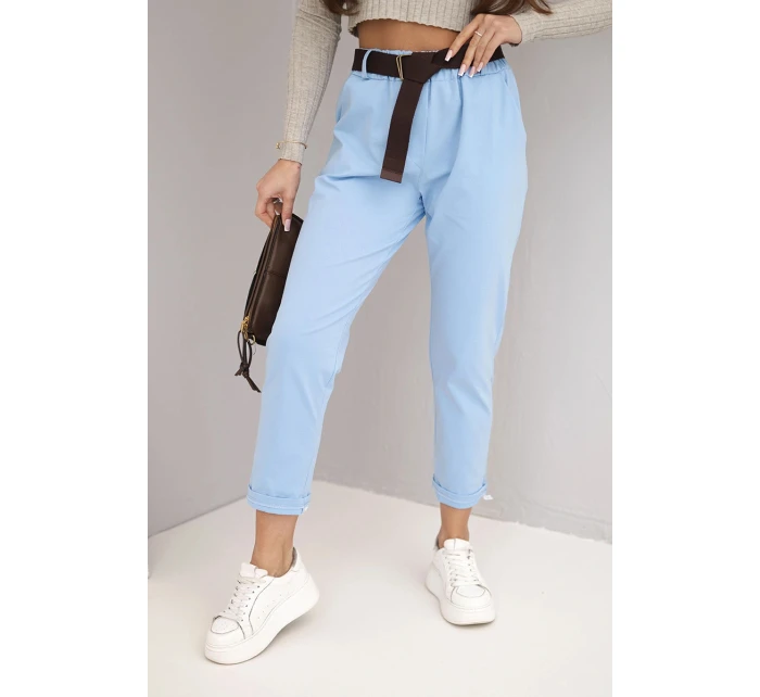 Dámské bavlněné kalhoty s páskem a ohrnutým lemem modré