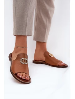 Eleganckie Skórzane Klapki Damskie Z Ozdobą Zazoo 3008 Camel