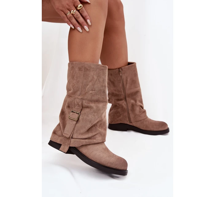 Kozaki Damskie Z Wywiniętą Cholewką Do Połowy Łydki Z Klamrą Khaki Minelle Kozaki Damskie Z Wywiniętą Cholewką Do Połowy Łydki Z Klamrą Khaki Minelle