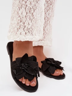 Dámské ploché pantofle s ozdobnými květinami Černé Elzoria