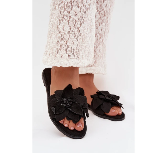 Dámské ploché pantofle s ozdobnými květinami Černé Elzoria