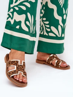 Skórzane Płaskie Klapki W Panterkę Zazoo 40383 Brązowe