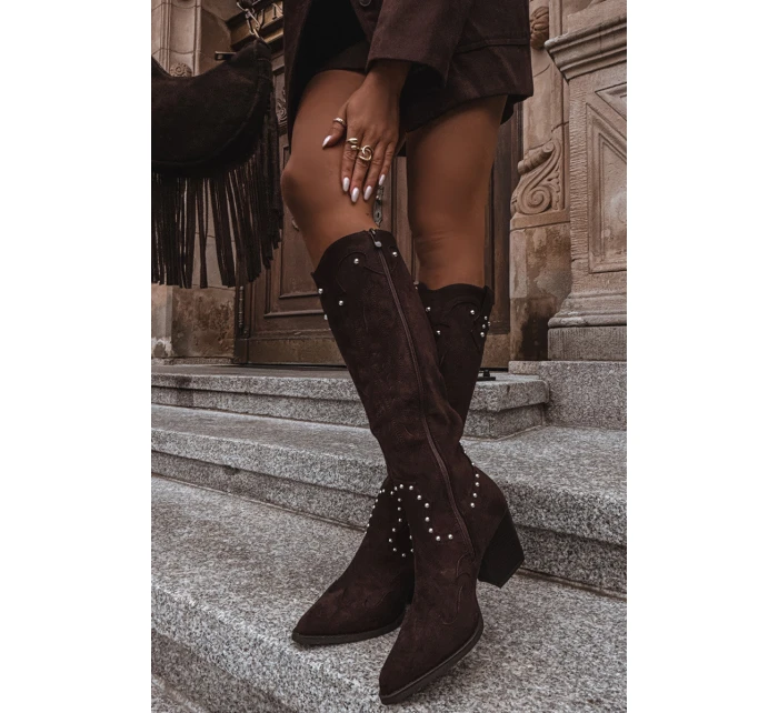 Damskie Kozaki Kowbojki Ze Zdobieniem Na Słupku Czekoladowe Darella Damskie Kozaki Kowbojki Ze Zdobieniem Na Słupku Czekoladowe Darella