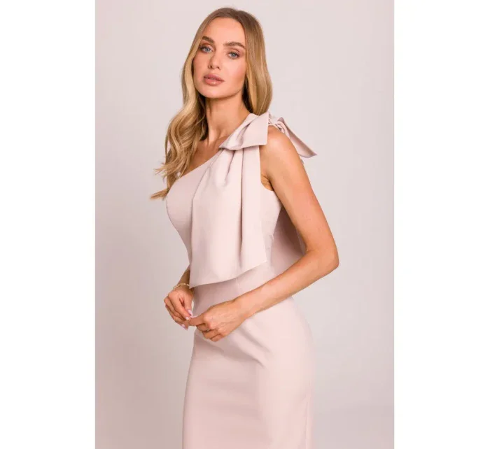 M847 Šaty na jedno rameno s mašľou - svetlo béžové