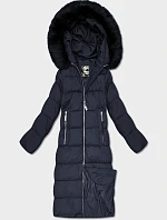 Dámska dlhá zimná bunda s kapucňou v tmavomodrej farbe (7688BIG)