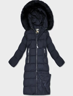 Tmavomodrá dlhá dámska zimná bunda s kapucňou (7688BIG)