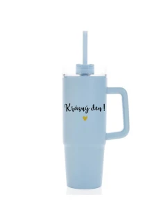 KRÁSNÝ DEN - světle modrý cestovní termohrnek s průhledným víčkem 900 ml