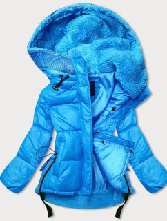 Svetlomodrá krátka dámska zimná bunda s kapucňou (JIN211)