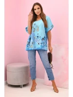 Dámske bavlnené tričko s motýľmi a kvetmi tyrkysové