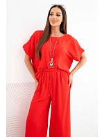 Dámska viskózna blúzka s krátkym rukávom a široké nohavice červená
