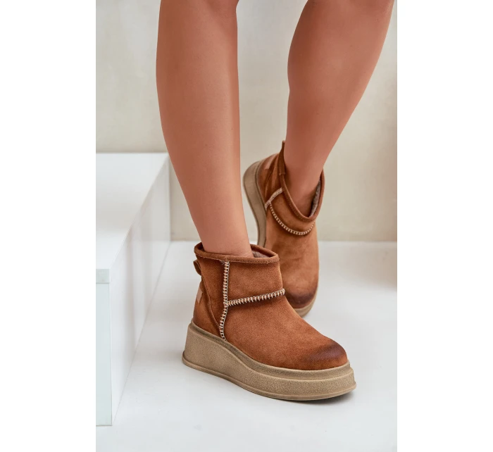Skórzane Zamszowe Śniegowce Botki Na Platformie I Koturnie Maciejka 06769-29 Brązowe