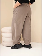 Dámské kalhoty bavlněné Plus Size manšestrové s gumou v pase a kapsami fango zelená