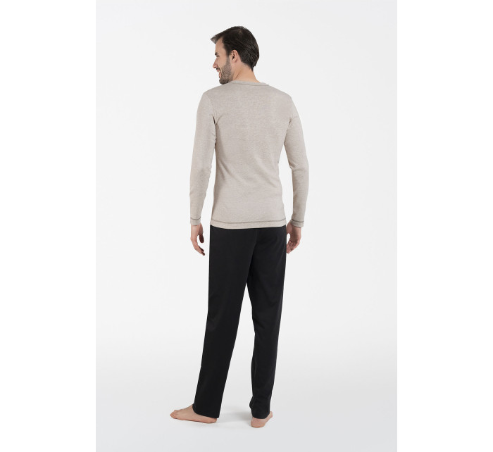 Pánske pyžamo Zermat, dlhý rukáv, dlhé nohavice - béžová melanž/čierna