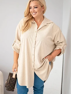 Dámská košile Plus Size z viskózy manšestrová s model 22297052 rukávy béžová - K-Fashion