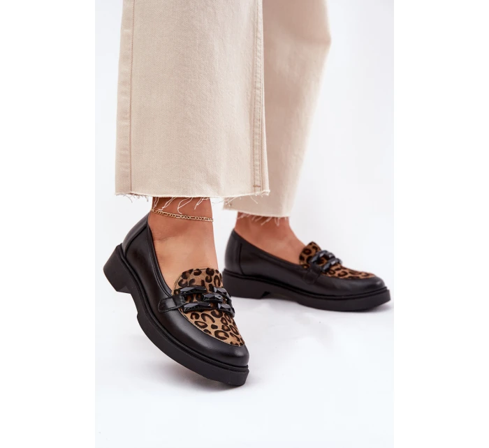 Skórzane Mokasyny Z Ozdobą I Panterką Laura Messi 2965 Czarne
