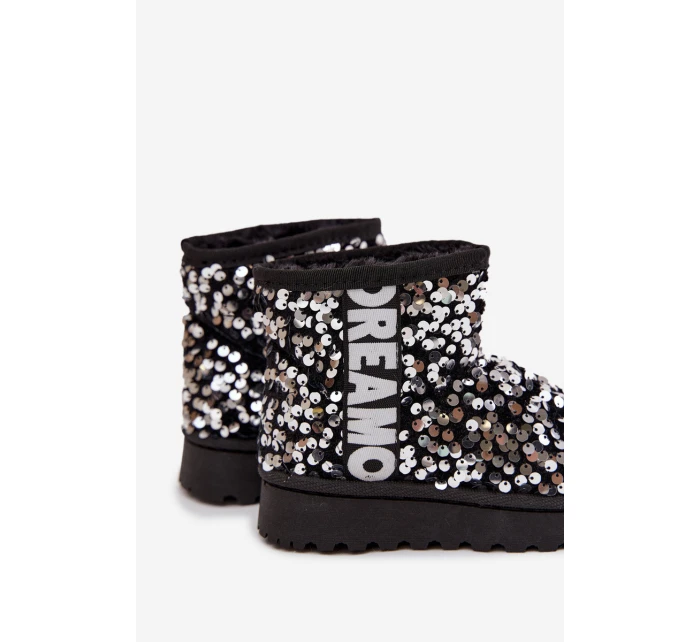 Dziecięce Śniegowce Botki Ocieplane Z Cekinami Czarno-Srebrne Rebbica