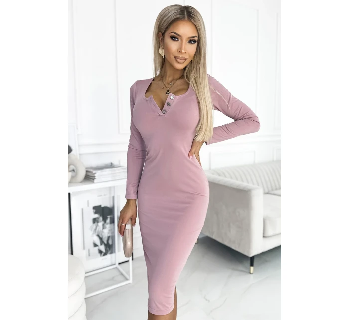 Dámské šaty ve špinavě růžové barvě se třemi knoflíky ve výstřihu model 18451043 - numoco Dámské šaty ve špinavě růžové barvě se třemi knoflíky ve výstřihu model 18451043 - numoco