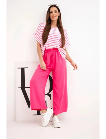Dámský komplet z viskózy s model 22159083 blůzou a širokými kalhotami s gumou fuchsie - K-Fashion