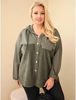 Dámská bavlněná mikina Plus Size s kapucí a knoflíky khaki