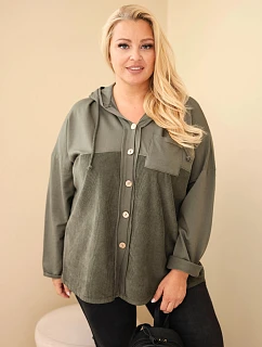 Dámská bavlněná mikina Plus Size s kapucí a knoflíky khaki