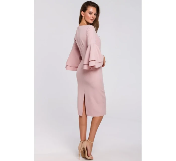 K002 Plášťové šaty s volánikovými rukávmi - krémovo ružové