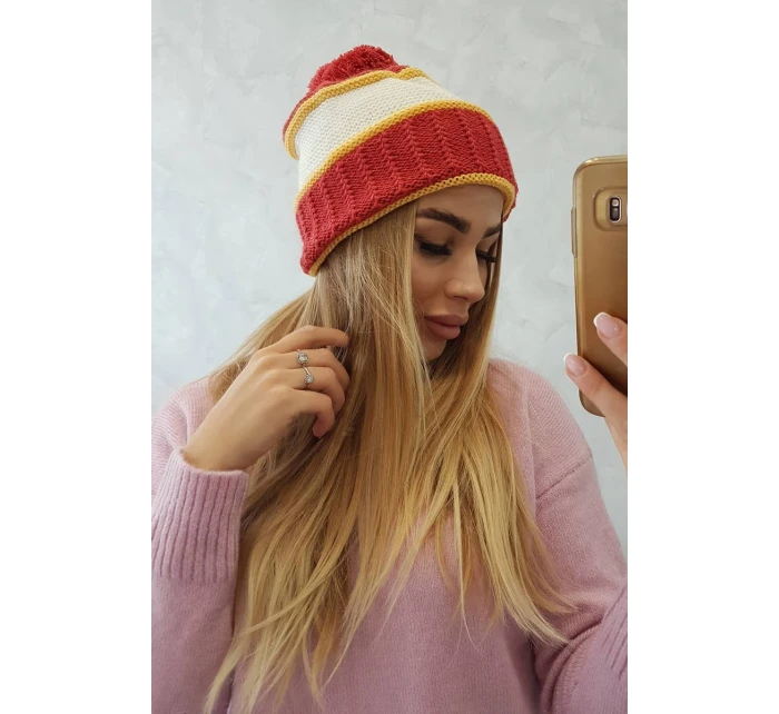 Dámska čiapka Kinga K297 red+mustard+ecru