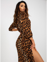 Svetlohnedé a čierne midi šaty s leopardím vzorom a viazankou