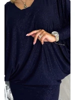 Tmavomodré dámske netopierie šaty s brokátom as výstrihom 402-1 Tmavomodré dámske netopierie šaty s brokátom as výstrihom 402-1