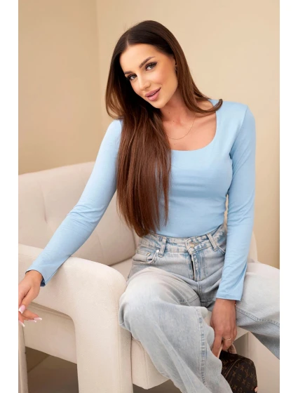 Dámská basic blůza s model 21921214 výstřihem a dlouhým rukávem modrá - K-Fashion