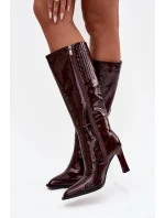 Skórzane Lakierowane Kozaki Damskie  Ocieplane D&A CR52-716 Bordowe