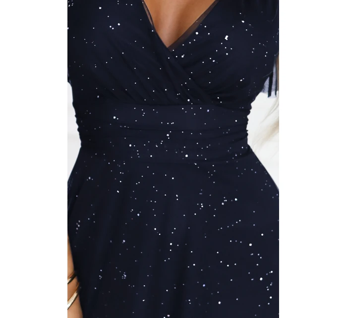 dlouhé lesklé šaty s výstřihem a krátkými rukávy tmavě modré model 21777396 - numoco basic