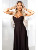 Dlouhé společenské šaty bez ramínek s rozparkem na nohou  hnědé model 21837402 - numoco basic
