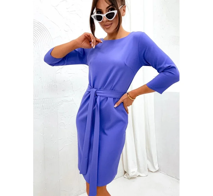 Klasické fialové šaty s opaskom na zaväzovanie (701)