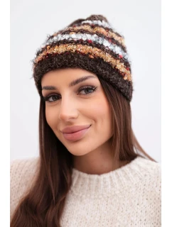 Dámska zimná čiapka s farebným vláknom a elastickou šnúrkou K352 hnedá+biela