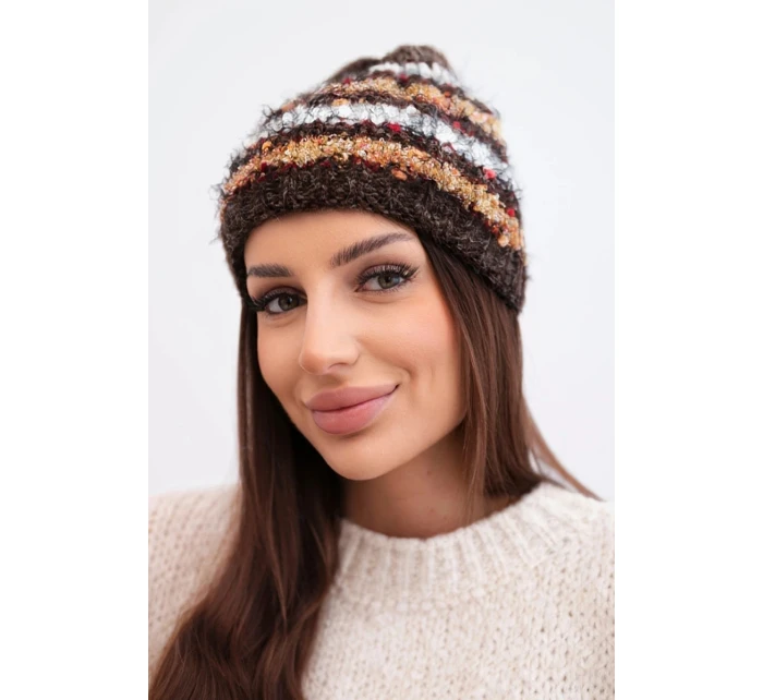 Dámska zimná čiapka s farebným vláknom a elastickou šnúrkou K352 hnedá+biela